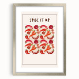 Textured art print featuring abstract fruit designs in vibrant colors on a silver-framed mat, suitable for bedroom decor.