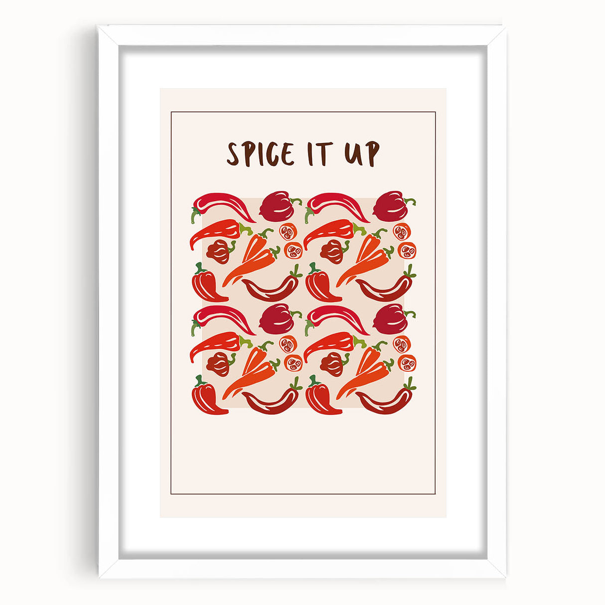 Abstract art print featuring assorted fruits in vibrant colors on a white framed mat, ideal for dining room decor.