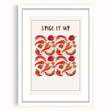 Abstract art print featuring assorted fruits in vibrant colors on a white framed mat, ideal for dining room decor.