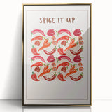 Large acrylic print featuring an assortment of fruits in a mid-century modernist style, framed in gold.