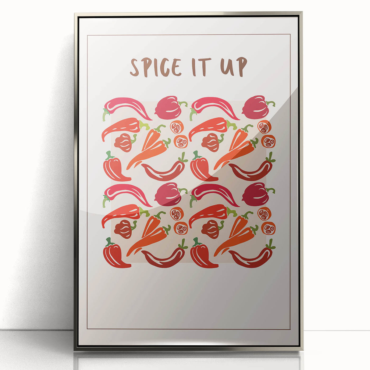 Mid-century modernist art featuring an array of fruits in vibrant colors on a silver-framed acrylic print.