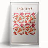 Art deco poster featuring an array of colorful fruits on a white acrylic framed canvas, ideal for modern kitchen decor.