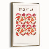 Framed canvas of vintage poster art featuring an assortment of fruits in muted colors, ideal for bedroom wall decor.