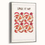 Framed canvas featuring a vintage poster-style landscape art painting of colorful fruits, ideal for kitchen decor.