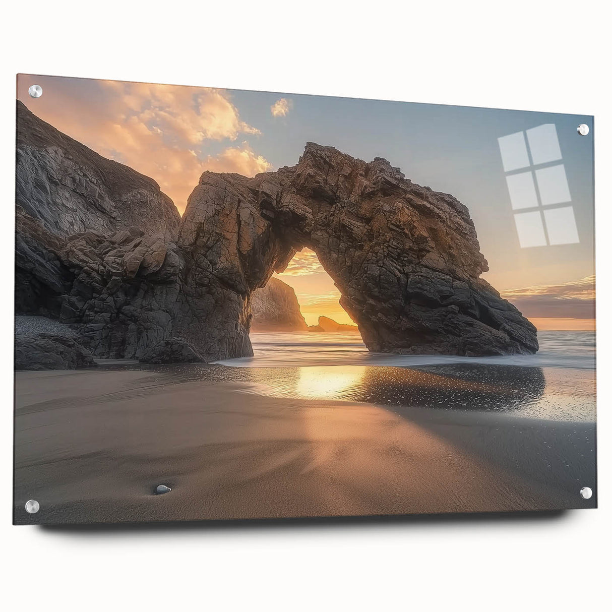 Acrylic glass artwork featuring a serene beach landscape design, displayed in a side view with decorative pins. Perfect for coastal-themed interior decor.