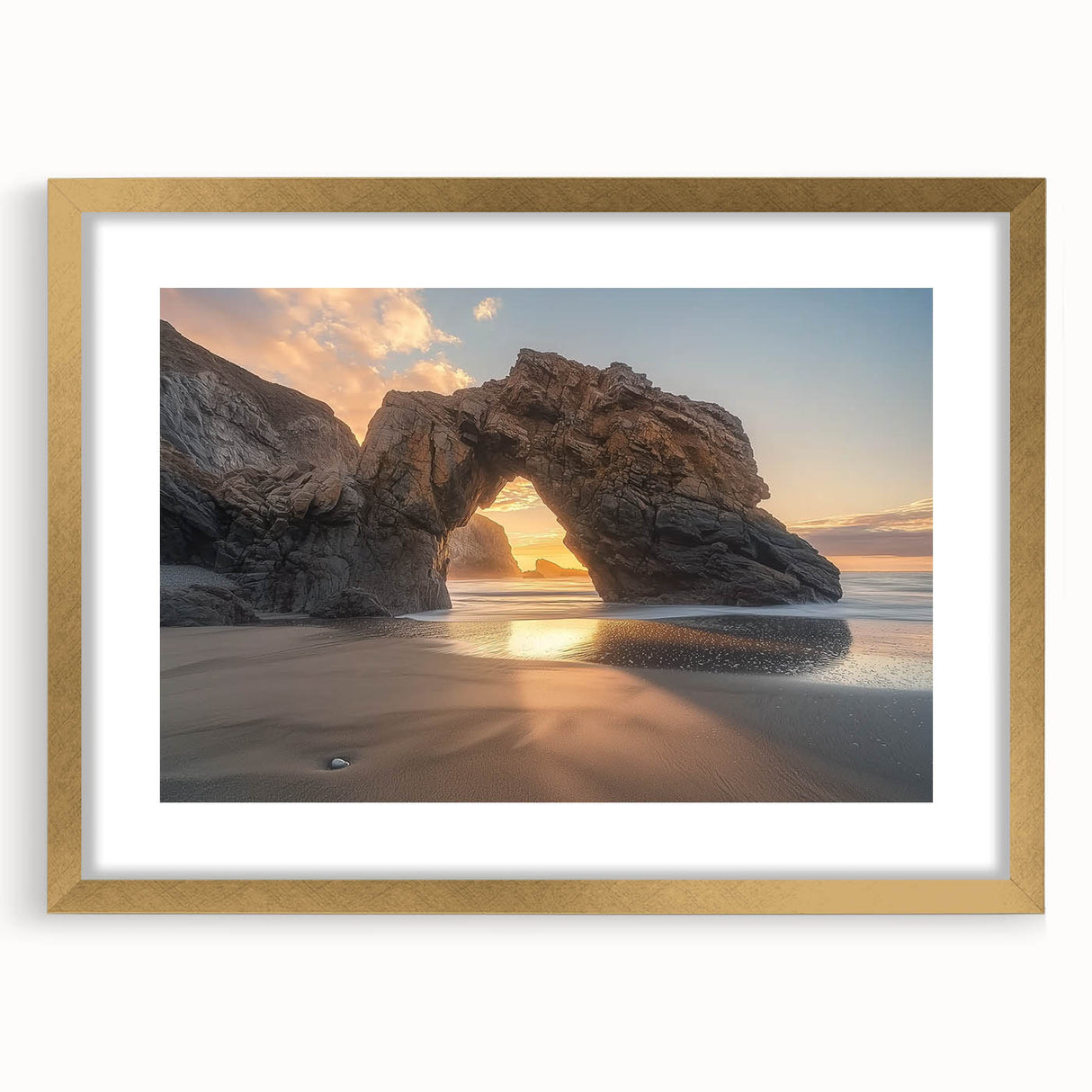 Elegant landscape artwork depicting serene beaches framed in a gold mat, showcasing soft sandy tones and gentle waves, perfect for coastal home decor.