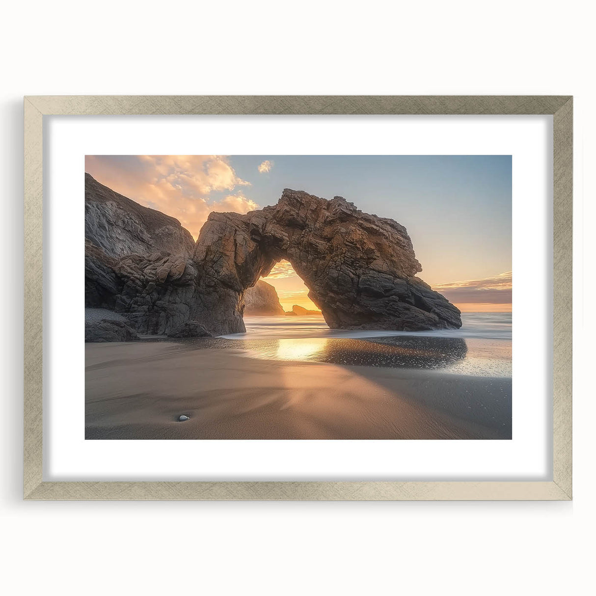 Framed landscape artwork depicting serene beaches, featuring a silver mat, perfect for coastal-themed home decor. Ideal for enhancing any living space with a touch of tranquility.