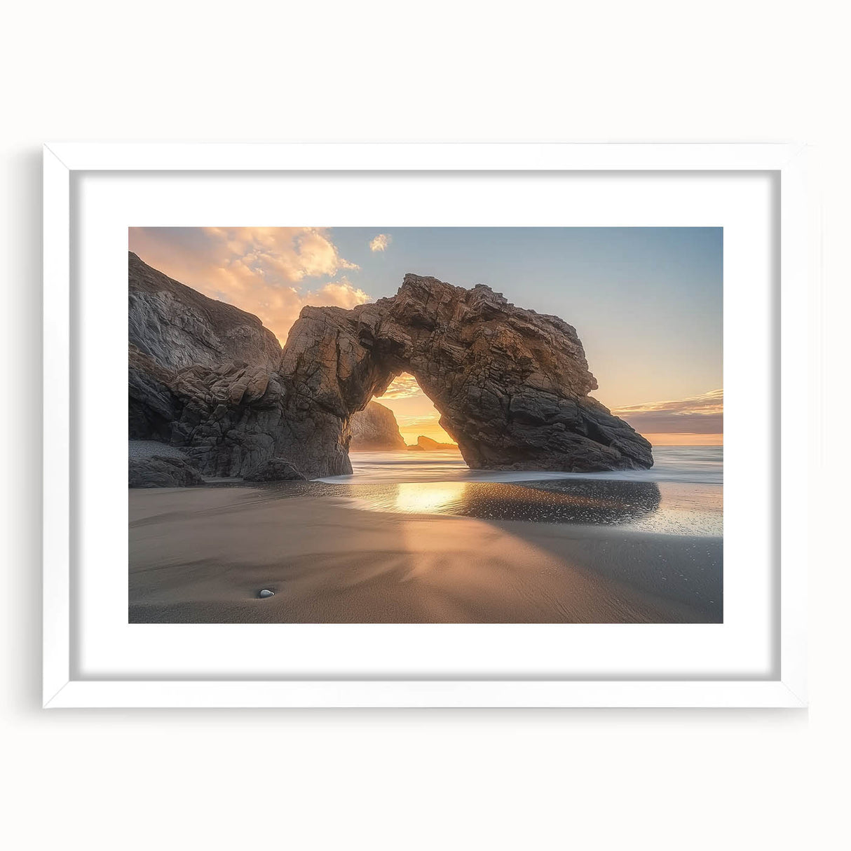 Landscape artwork depicting serene beaches, framed in a white mat, showcasing soft pastel colors and gentle waves, perfect for enhancing coastal decor.