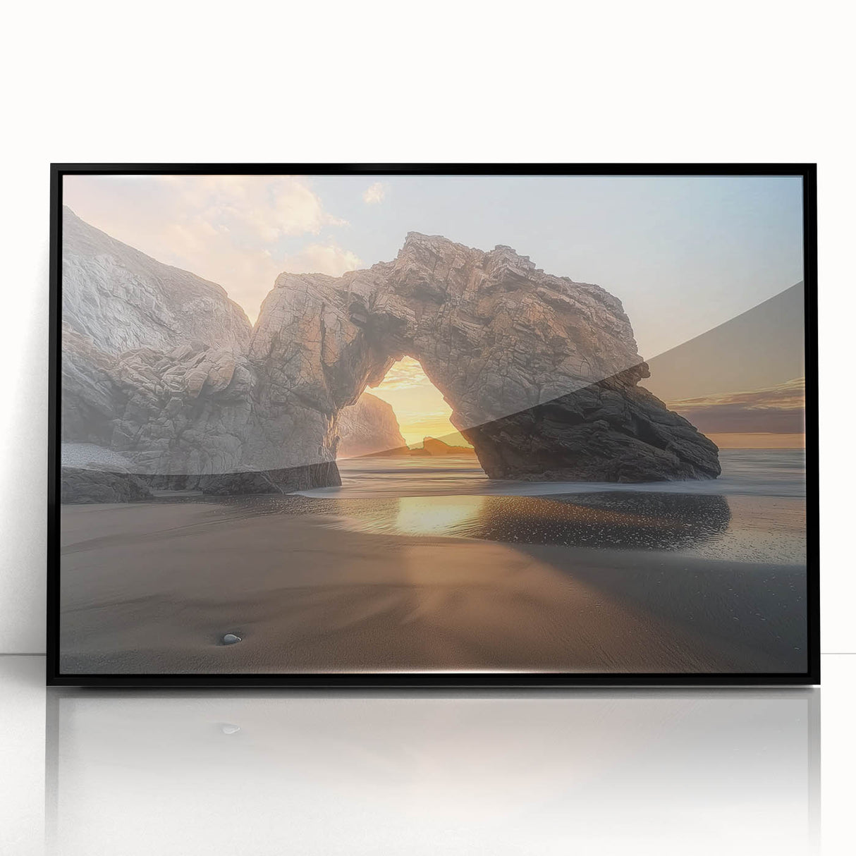 Framed acrylic artwork showcasing a serene beach landscape with vibrant colors, set in a sleek black frame, perfect for coastal-themed decor.