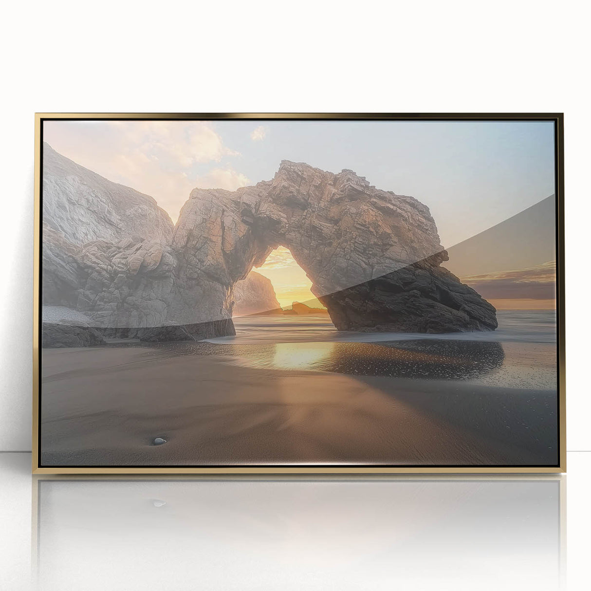Framed acrylic artwork showcasing a serene beach landscape, featuring vibrant colors and golden accents, perfect for coastal decor enthusiasts.