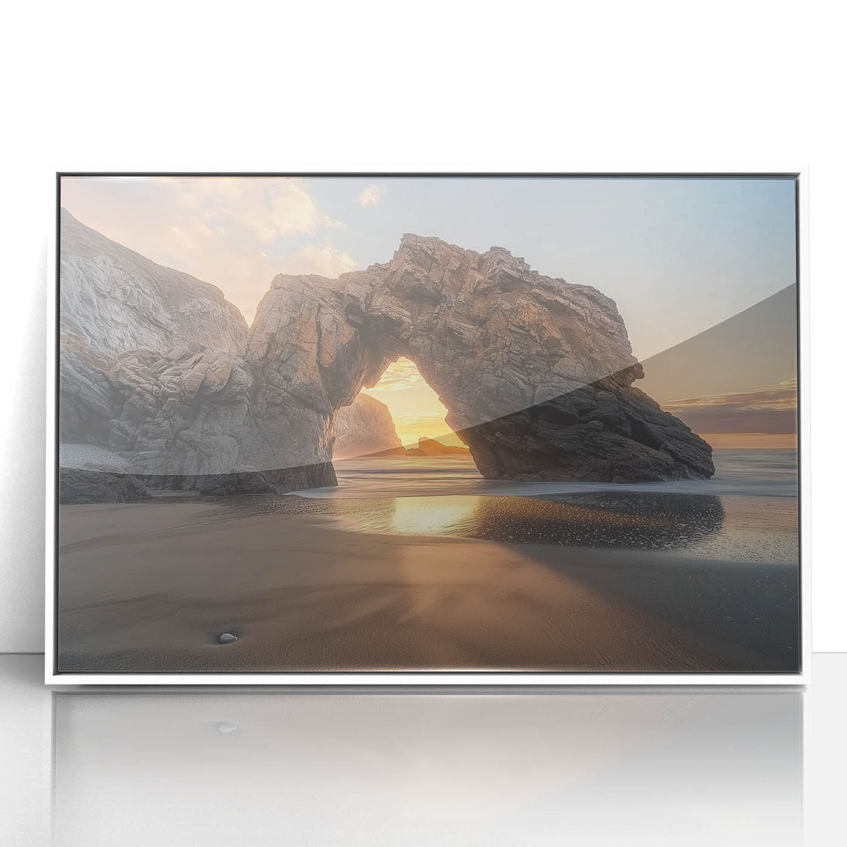 Framed acrylic artwork depicting a serene beach landscape with vibrant colors and gentle waves, set in a sleek white frame, perfect for home decor.