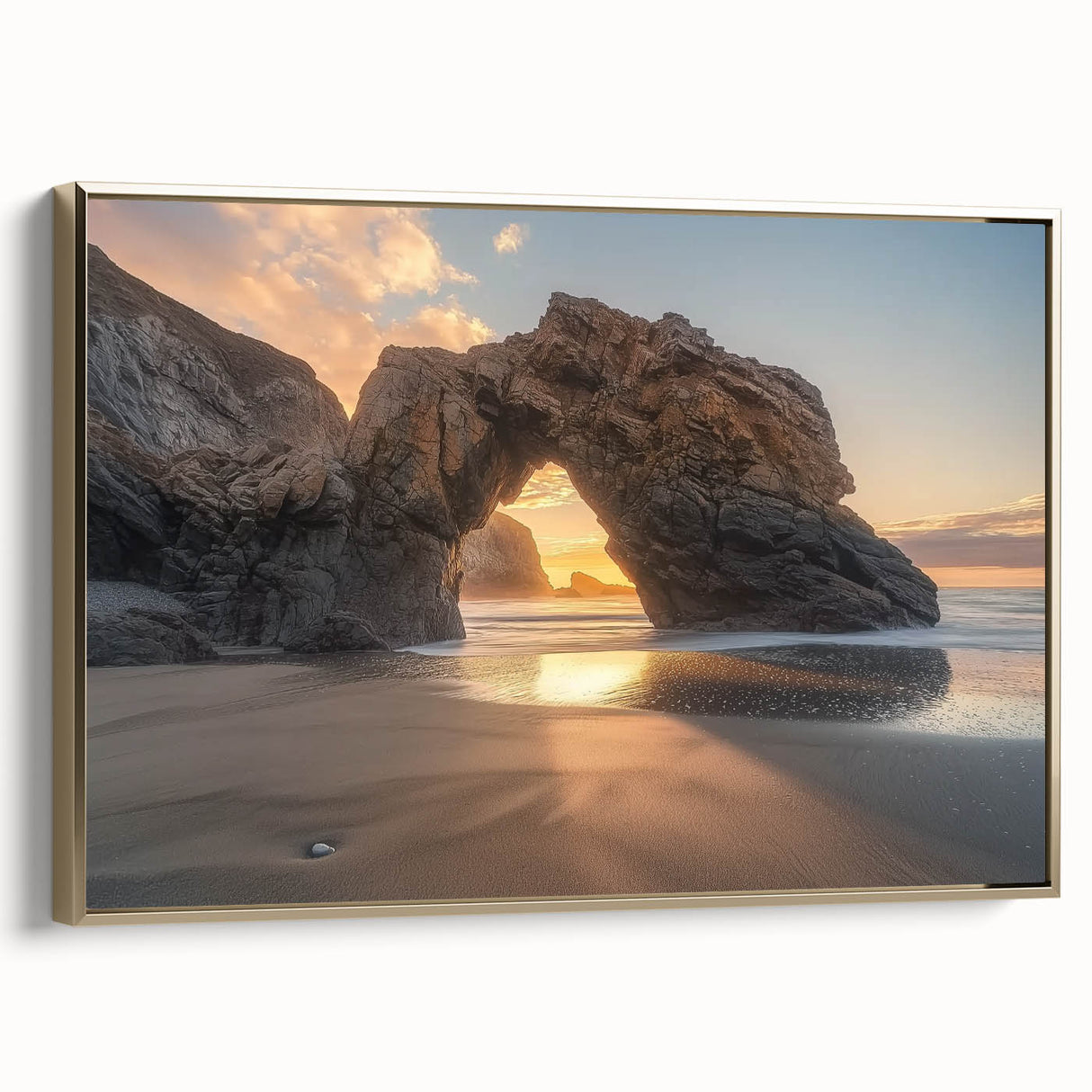 Framed canvas artwork showcasing a serene beach landscape with vibrant colors and a gold frame, adding elegance to home decor. Perfect for coastal-themed interiors.
