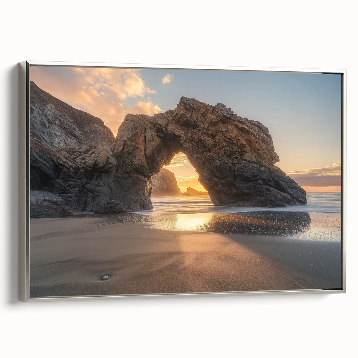 Framed landscape canvas art depicting vibrant beaches with silver accents, showcasing a serene coastal scene ideal for home decor and relaxation.