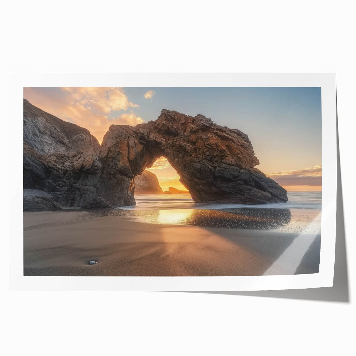 Rolled print showcasing a vibrant beach landscape with azure skies and golden sands, elegantly packaged in a protective cardboard tube for shipping.