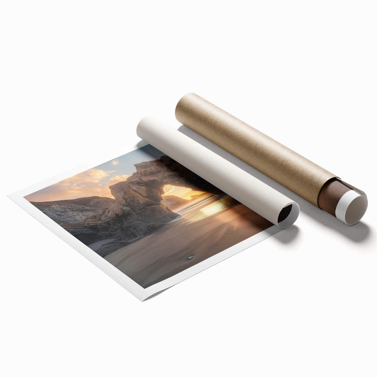 Vibrant landscape print depicting serene beaches with soft waves and clear skies, rolled and packaged in a protective cardboard tube for easy shipping.
