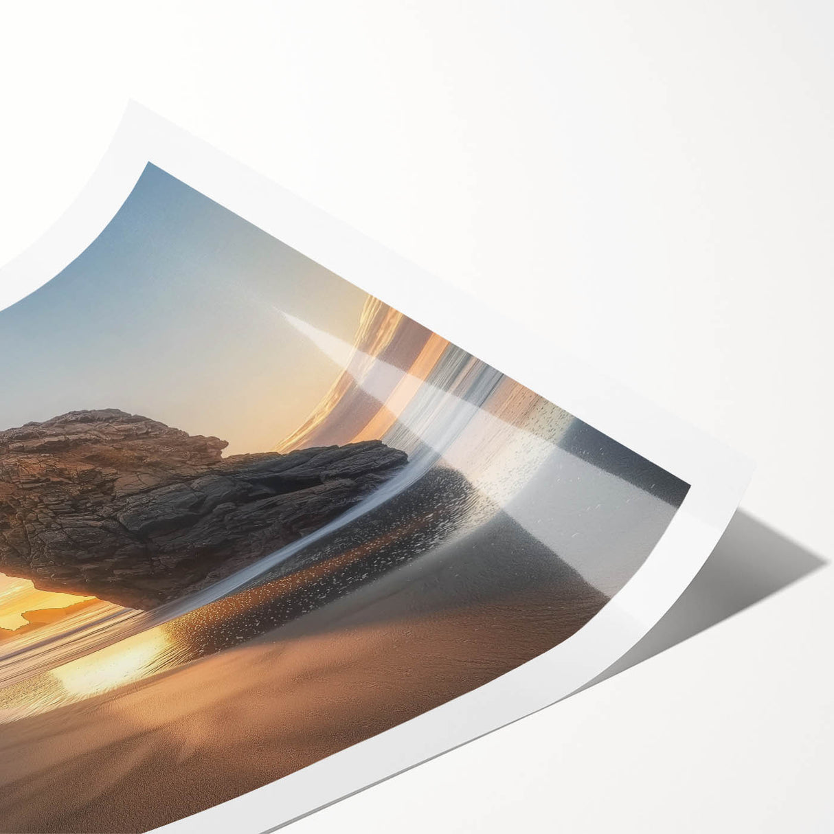 Vibrant rolled print showcasing a serene beach landscape with soft pastel colors, designed for wall decor and packaged securely in a durable cardboard tube.