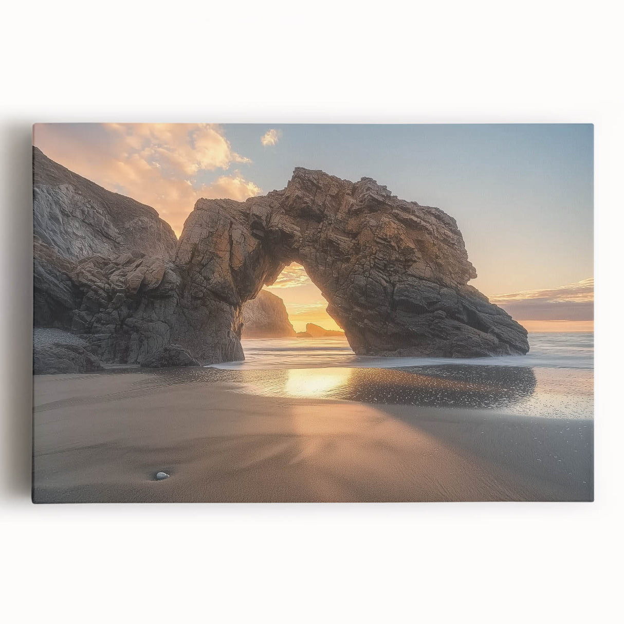 Stretched canvas artwork depicting a serene beach landscape with vibrant blue skies and gentle waves, perfect for adding a tranquil coastal vibe to home decor.