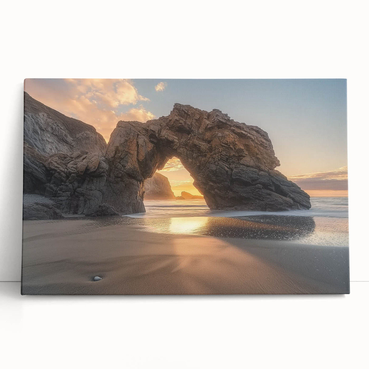 Stretched canvas artwork depicting a serene beach landscape with vibrant blues and soft sand tones, perfect for coastal home decor or relaxation-themed spaces.