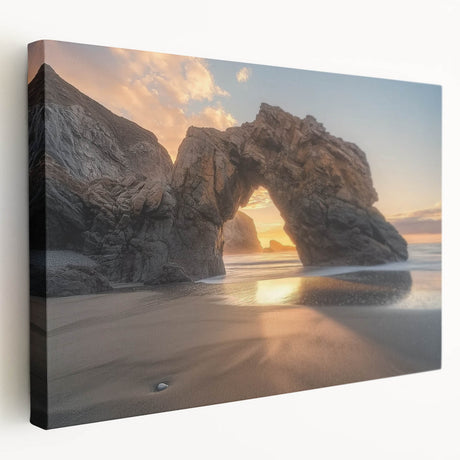 Vibrant stretched canvas artwork depicting a serene beach landscape with soft waves and a colorful sunset, ideal for coastal home decor and relaxation.