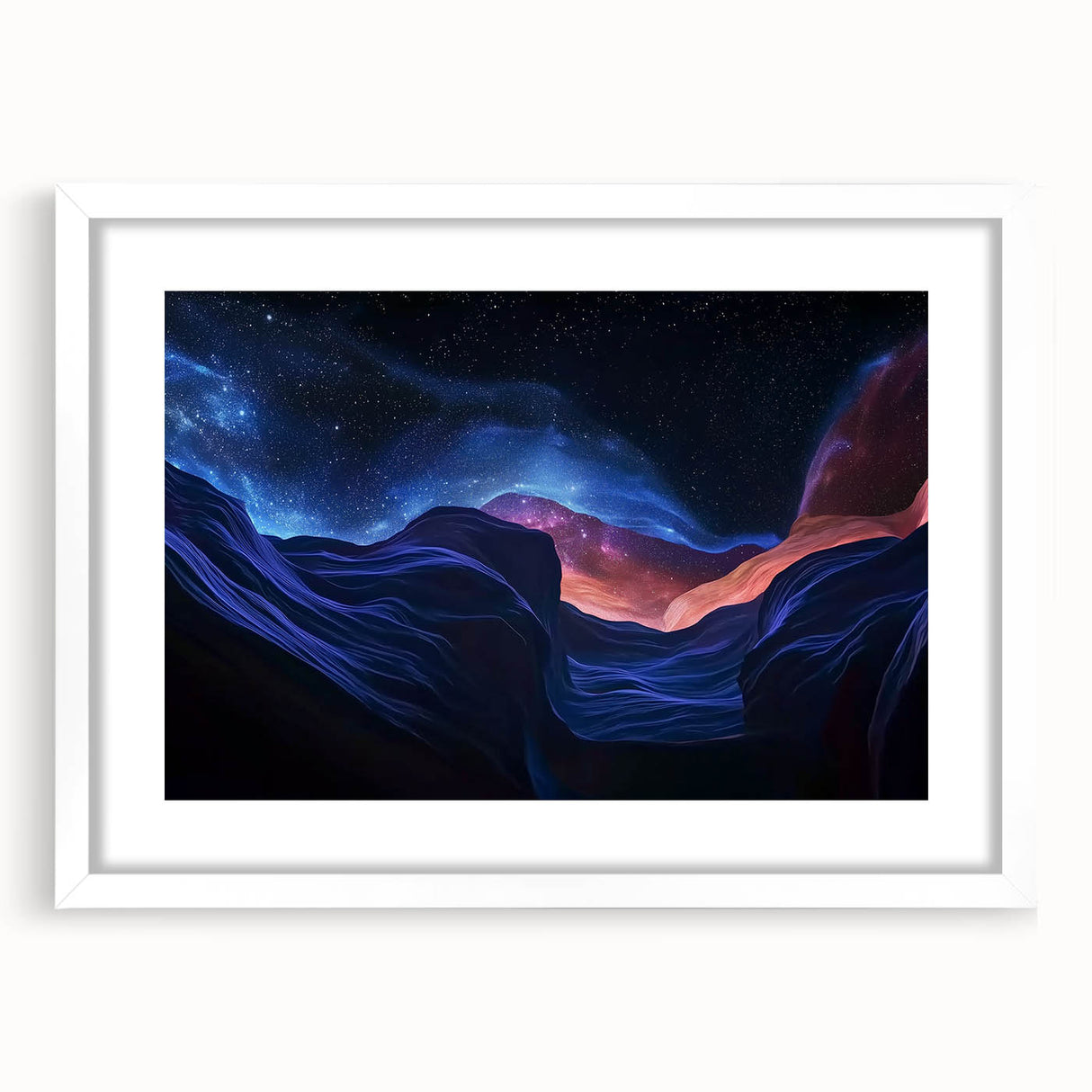 Landscape artwork of canyons framed with a white mat, showcasing vibrant colors and intricate details, perfect for home decor or office spaces. The design captures the beauty of nature, enhancing any room's ambiance.