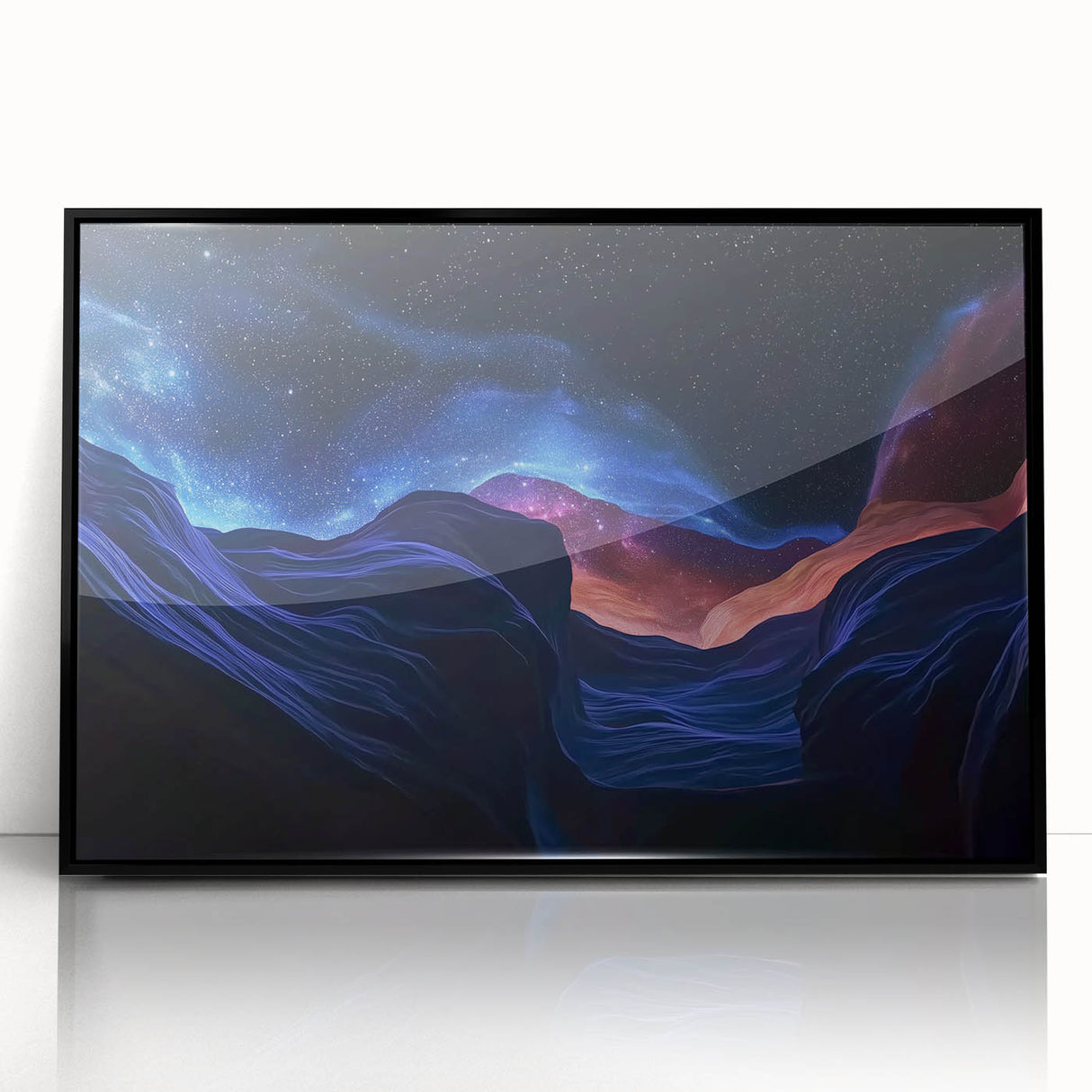 Framed acrylic artwork of dramatic canyons in vibrant colors, showcasing intricate textures and details. Ideal for enhancing modern home decor with nature-inspired aesthetics.