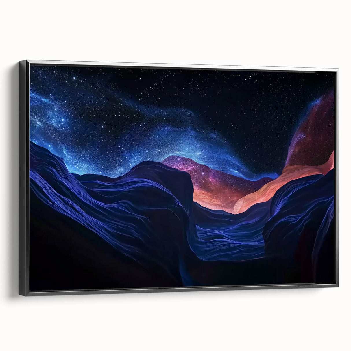 Framed canvas artwork depicting a stunning landscape of canyons, showcasing rich earthy tones and dramatic rock formations, presented in a sleek black frame. Ideal for enhancing home decor with a touch of natural beauty and serenity.
