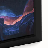 Close-up of a framed landscape canvas showcasing vibrant canyons in rich earthy tones, highlighting intricate textures and details, perfect for home décor.