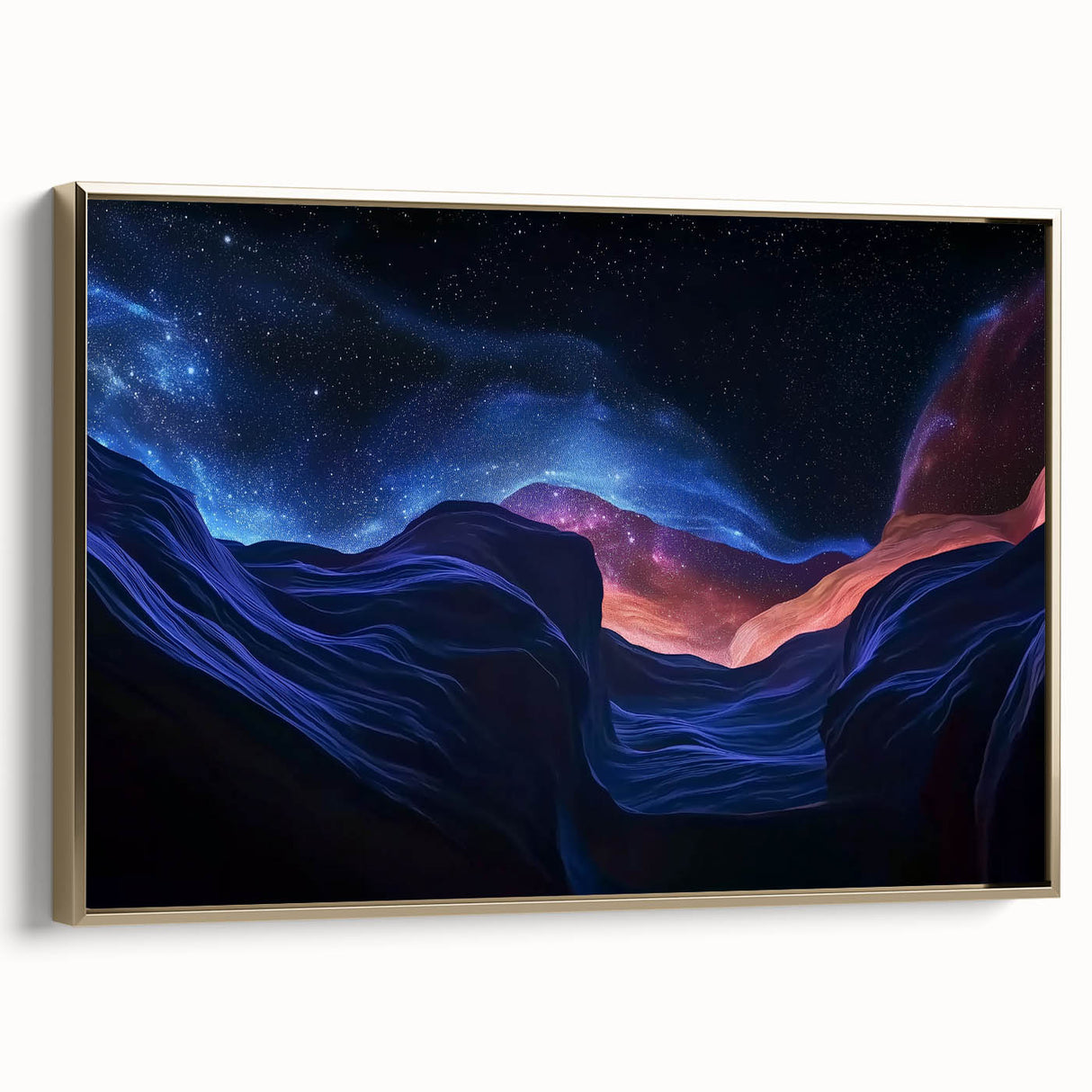Framed canvas artwork depicting majestic canyons in warm gold tones, showcasing intricate details and textures, perfect for enhancing modern home decor or office aesthetics.