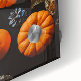 Large abstract wall art with mid-century modernist style in warm autumn colors on acrylic glass, ideal for dining room decor.