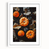 Abstract art print featuring swirling autumnal hues on a white framed canvas, ideal for dining room decor.