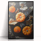 Large abstract wall art depicting autumn colors in mid-century modernist style on a black framed acrylic.