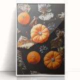 Art deco poster of fall trees in orange and brown tones on white acrylic, framed, suitable for modern nursery decor.