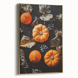 Framed canvas featuring a vintage-style landscape painting with autumnal trees in gold and black tones.