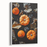 Vintage poster art depicting a fall scene on extra large framed canvas, with colorful leaves in black, red, and orange tones.