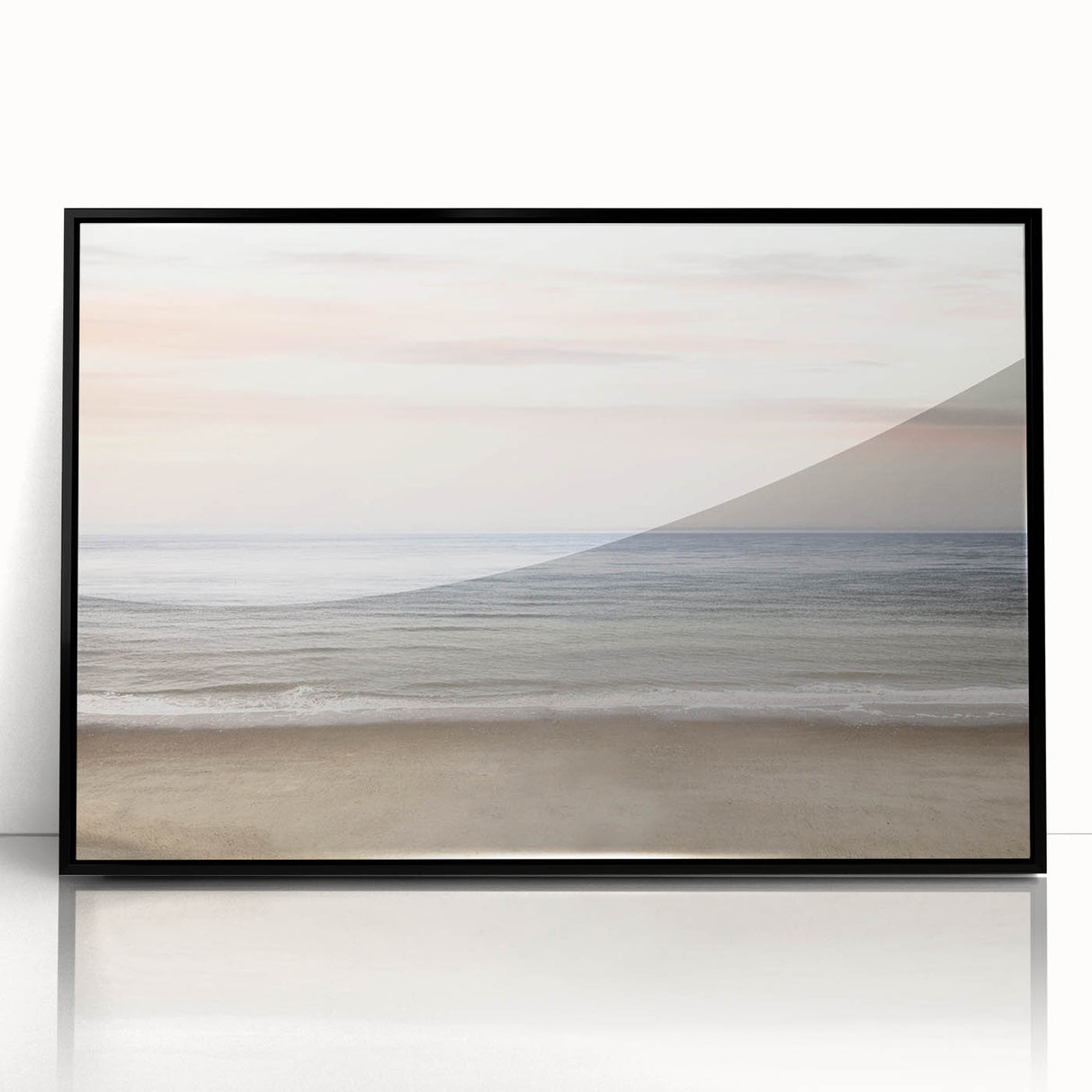 Large abstract wall art featuring swirling blue and orange shapes on acrylic, framed in black.