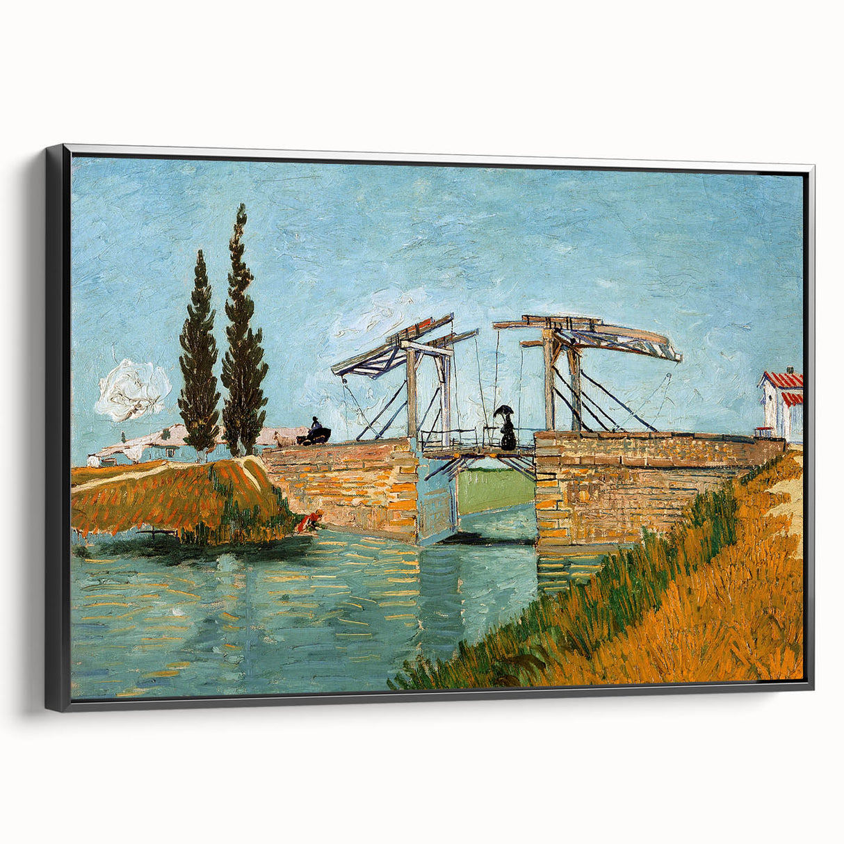 Black and white vintage poster art of a landscape on framed canvas, suitable for bedroom decor.