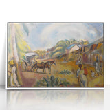Modern Wall Art: Vibrant Landscape with Figures and Horse Carriage