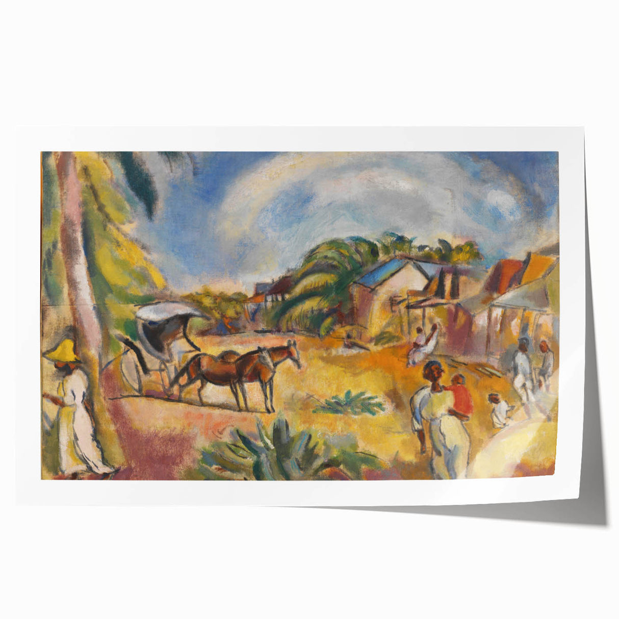 Modern Wall Art: Vibrant Landscape with Figures and Horse Carriage