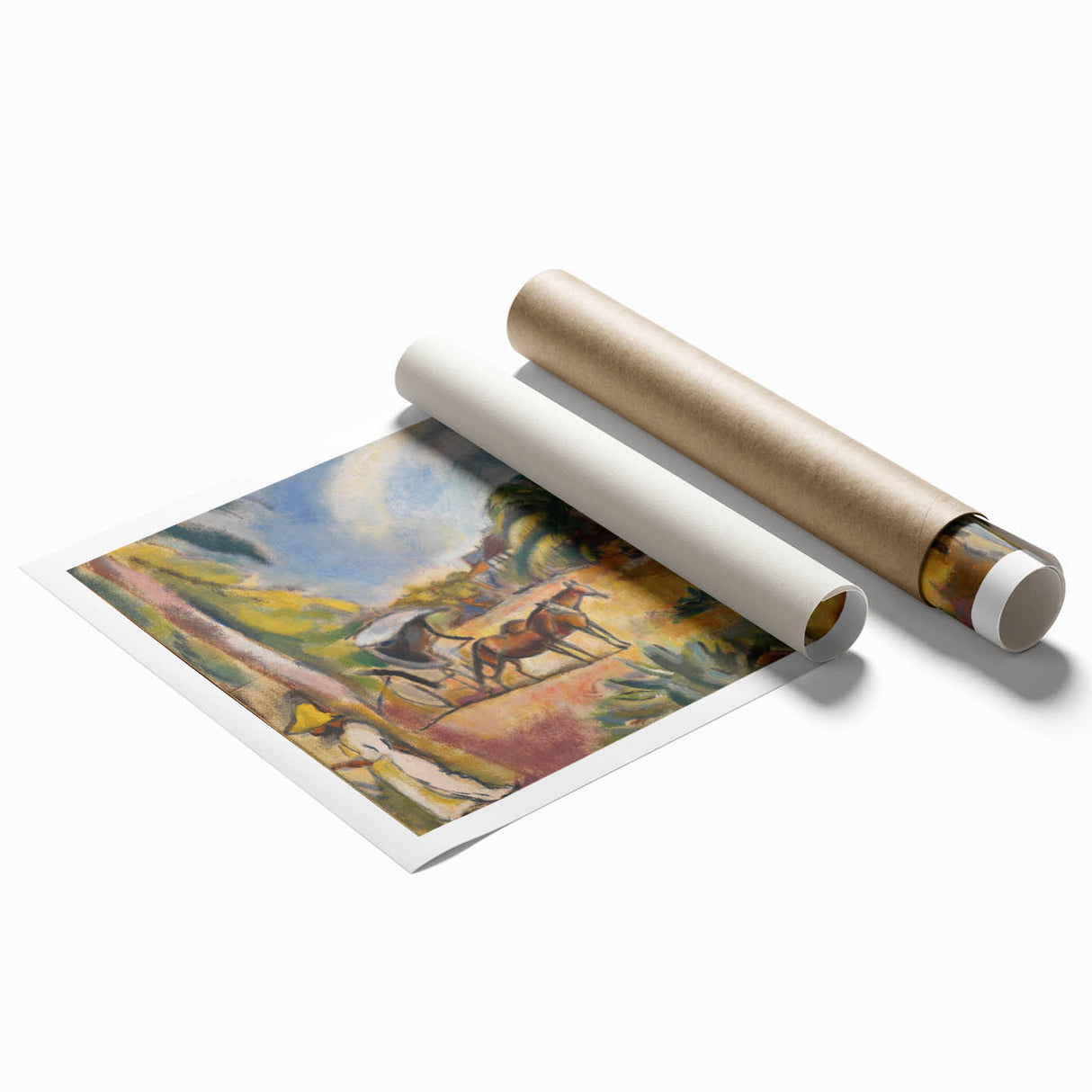 Modern Wall Art: Vibrant Landscape with Figures and Horse Carriage
