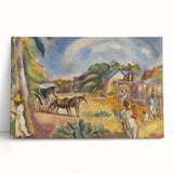 Modern Wall Art: Vibrant Landscape with Figures and Horse Carriage