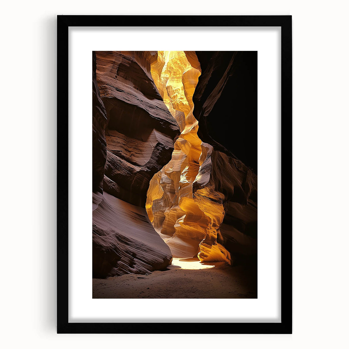 Black-framed landscape artwork showcasing intricate cave imagery, elegantly matted and designed for modern home decor, perfect for art enthusiasts and nature lovers.