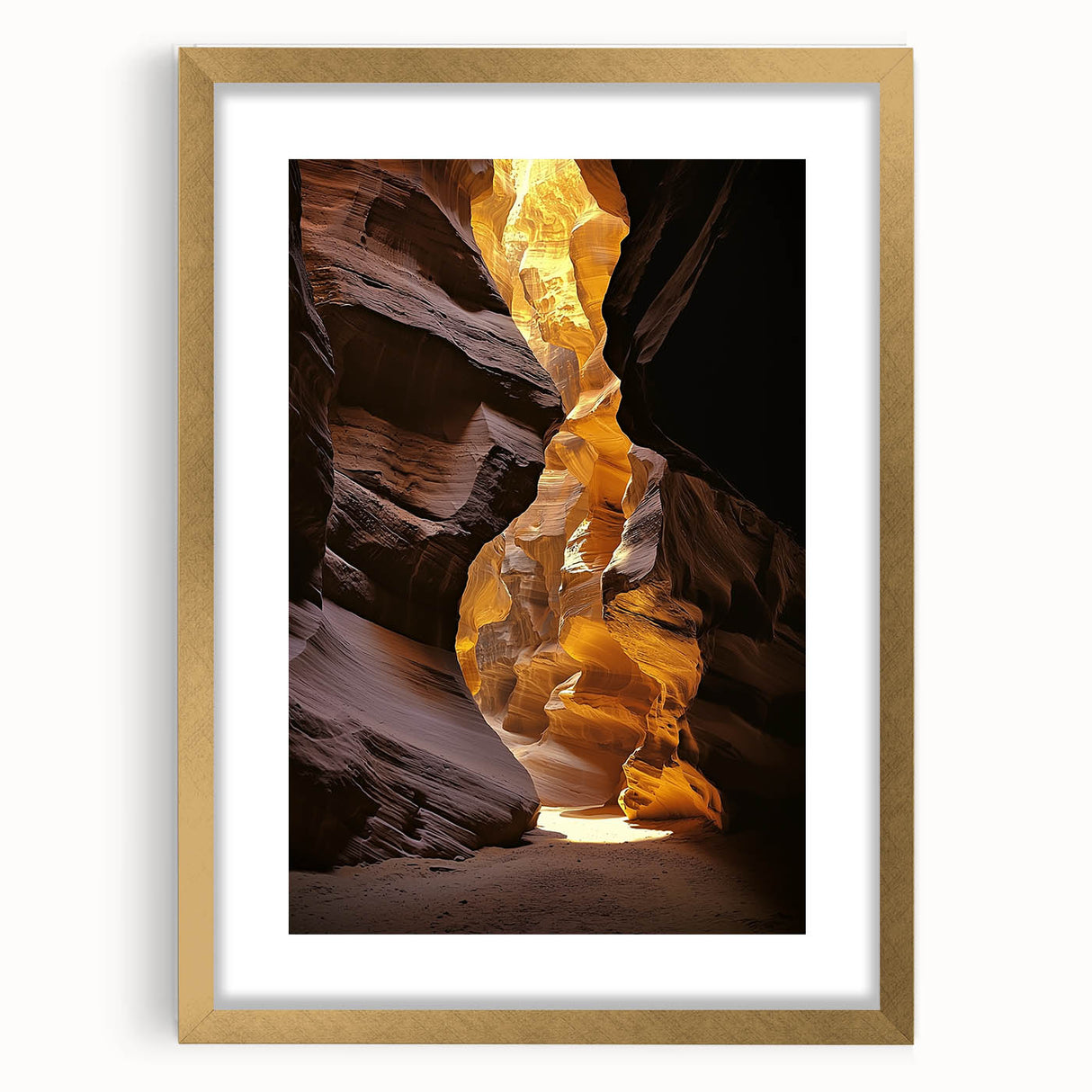 Elegant gold-framed landscape artwork depicting a serene cave scene, featuring intricate details and a classic mat design, perfect for enhancing interior decor.
