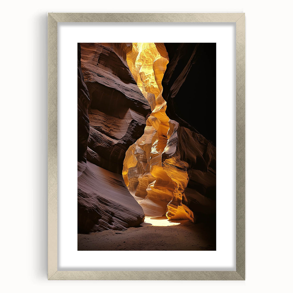 Silver-framed landscape artwork featuring intricate cave designs, elegantly matted for a refined presentation, ideal for enhancing modern home decor.