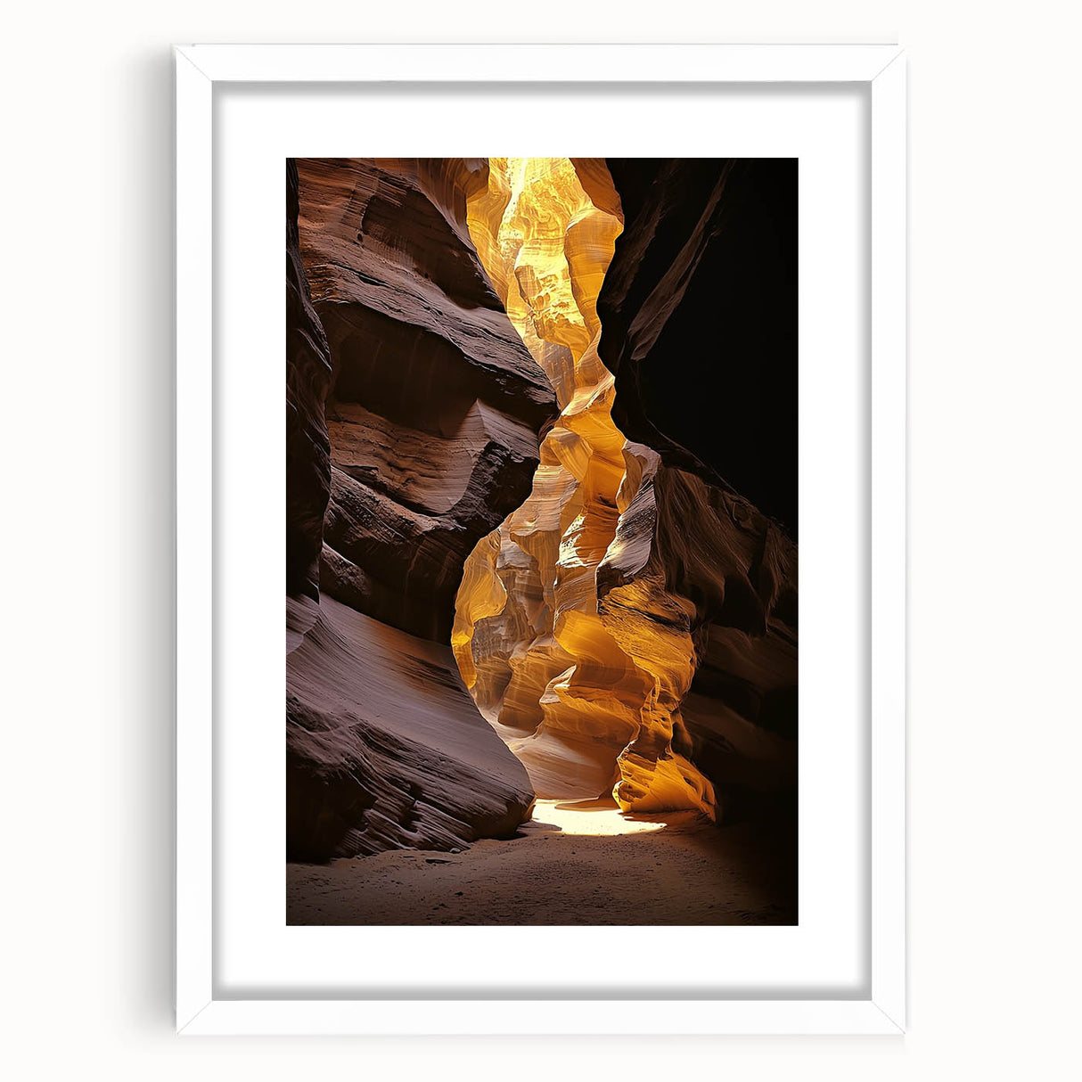 Framed landscape artwork featuring a serene cave scene, set in a white mat and sleek black frame, ideal for home decor and nature enthusiasts. Perfect for enhancing interior aesthetics.