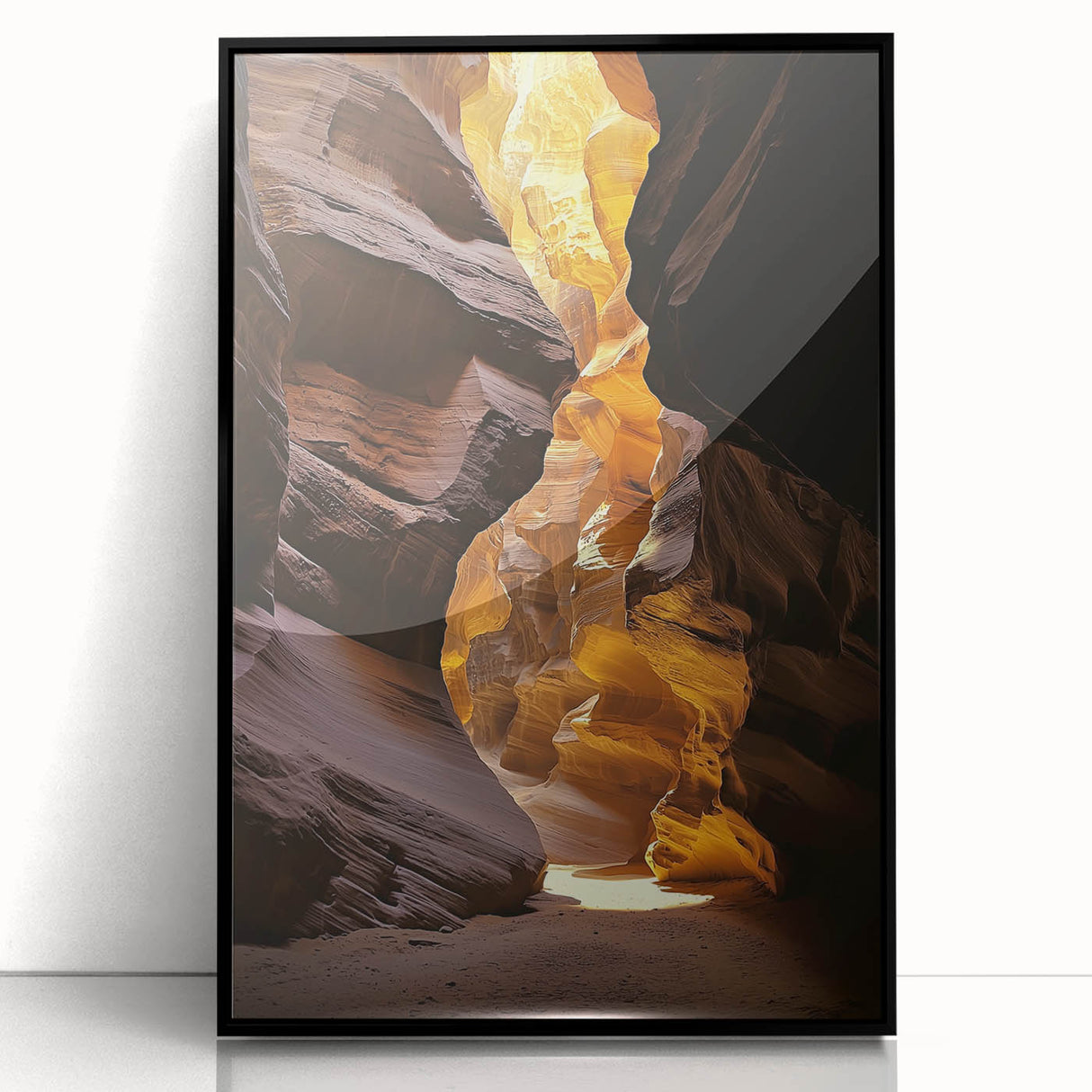 Framed acrylic artwork depicting a stunning landscape with caves, featuring a black frame and vibrant colors, perfect for home decor and art enthusiasts.