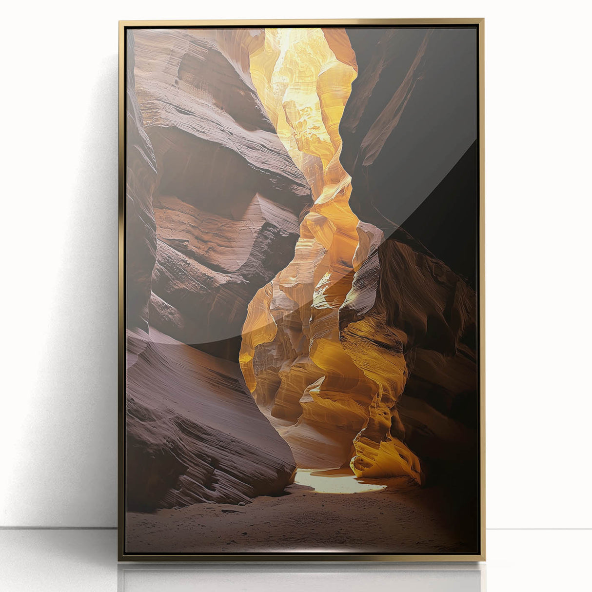 Framed acrylic artwork depicting a vibrant cave landscape with golden accents, showcasing intricate details and rich colors, ideal for contemporary decor.
