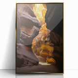 Framed acrylic artwork depicting a vibrant cave landscape with golden accents, showcasing intricate details and rich colors, ideal for contemporary decor.