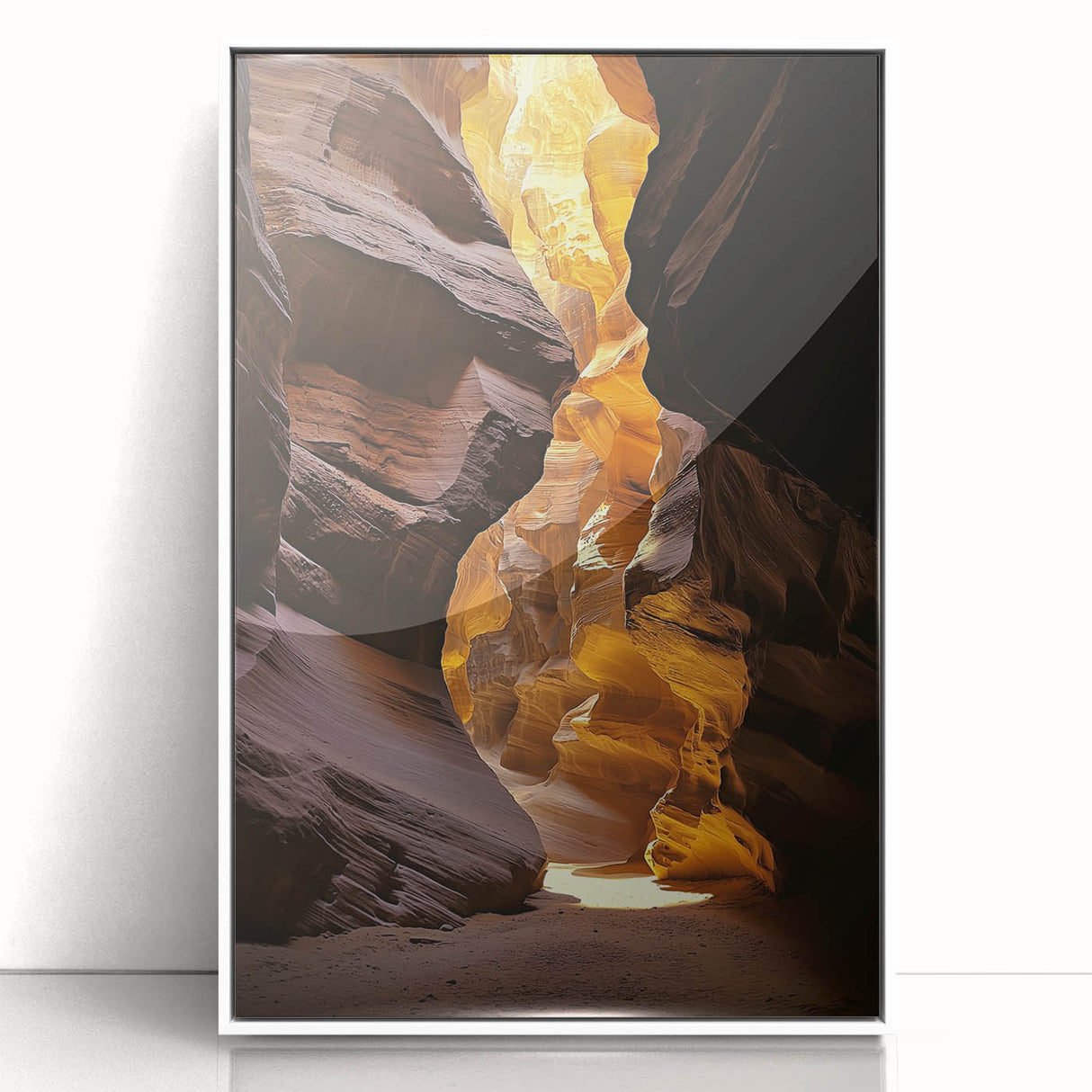 Framed acrylic artwork depicting a stunning landscape with caves, featuring vibrant colors and intricate details, displayed against a clean white background. Ideal for enhancing home decor.