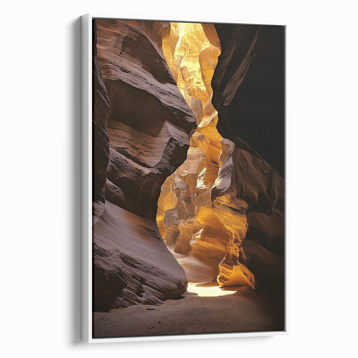 Framed canvas artwork showcasing a stunning landscape with intricate cave details, featuring a white frame that enhances the visual appeal, perfect for home decor.