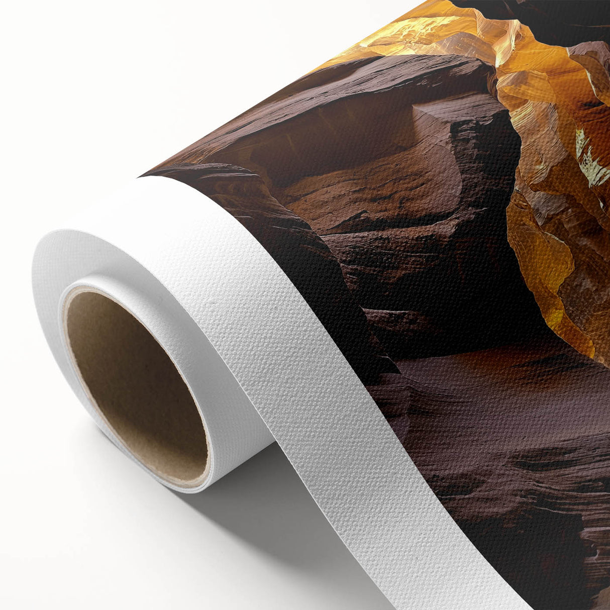 Rolled canvas artwork depicting a vibrant landscape with cave formations, showcasing rich colors and intricate details, ideal for home decor enhancement.